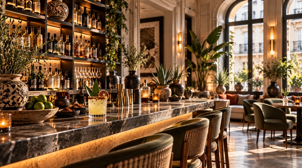 Bar d’hôtel parisien baigné de lumière : comptoir en pierre, cocktail au mezcal, céramiques et grandes fenêtres haussmanniennes