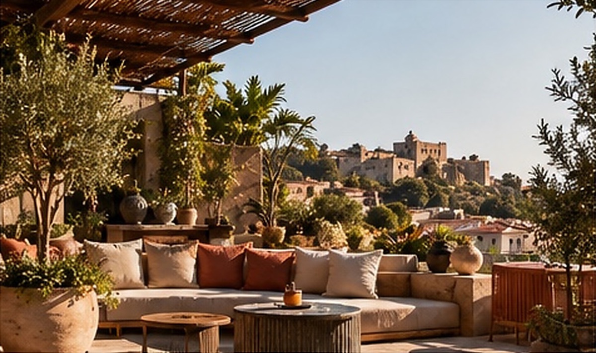 Terrasse ombragée avec banquettes, coussins terre et vue sur un village perché