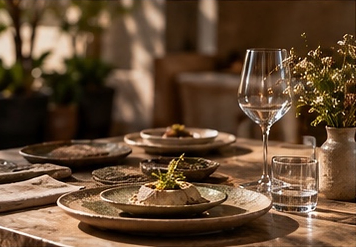 Table de restaurant dressée de céramiques artisanales et verres fins