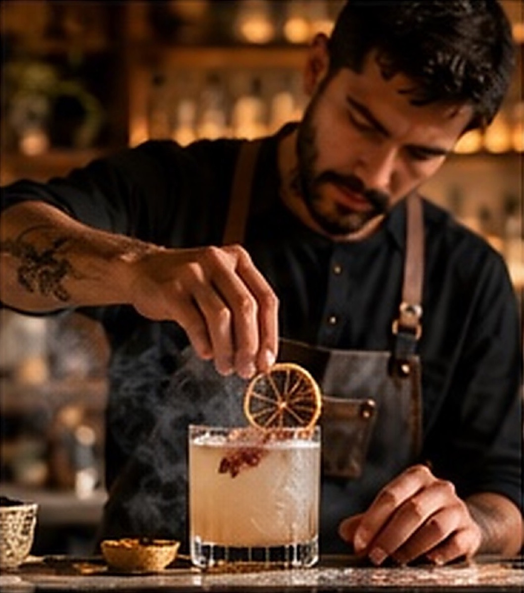Barman préparant un cocktail, garniture d’agrume séché