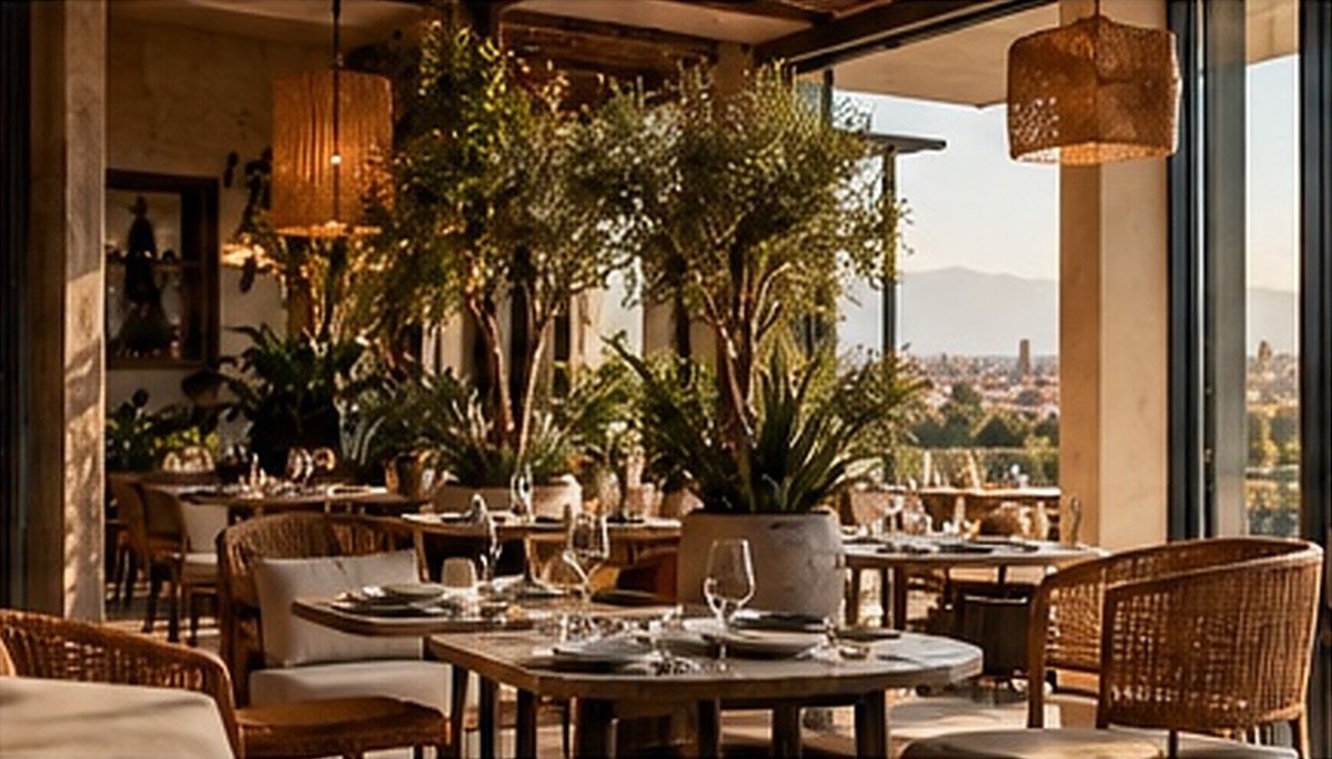 Salle de restaurant ouverte sur une terrasse plantée d’oliviers