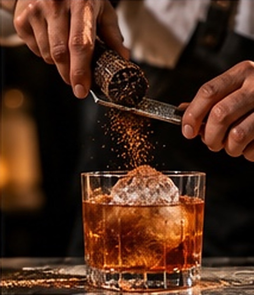 Cacao râpé au-dessus d’un cocktail ambré sur glace