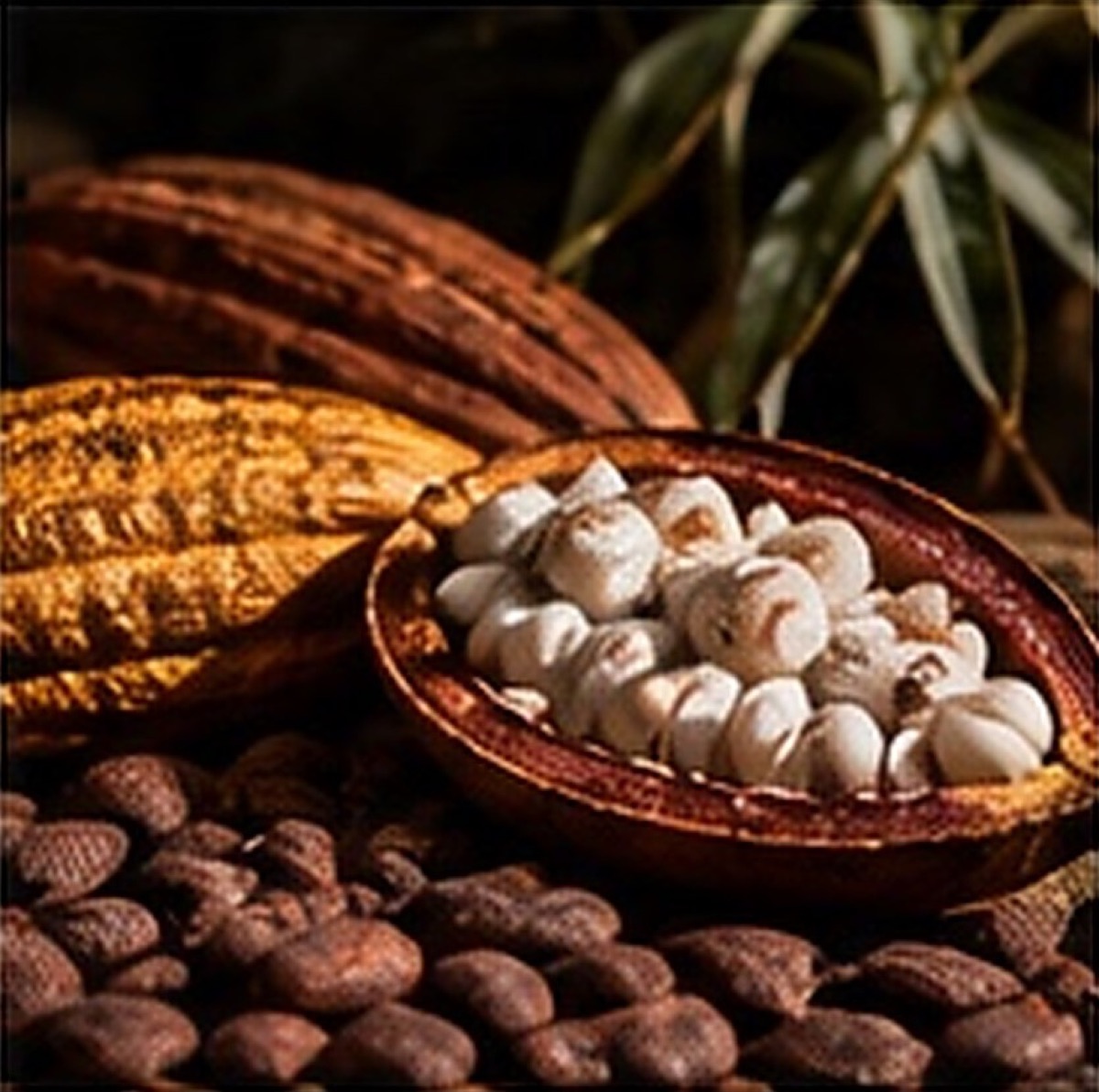 Cabosse de cacao ouverte et fèves fraîches