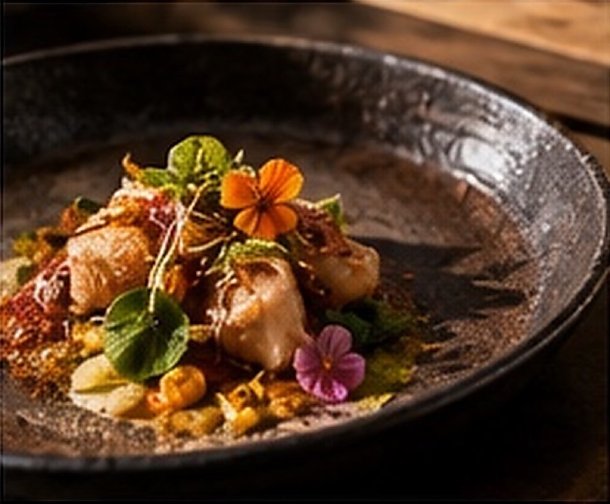 Assiette de chef dressée avec fleurs comestibles dans une céramique noire