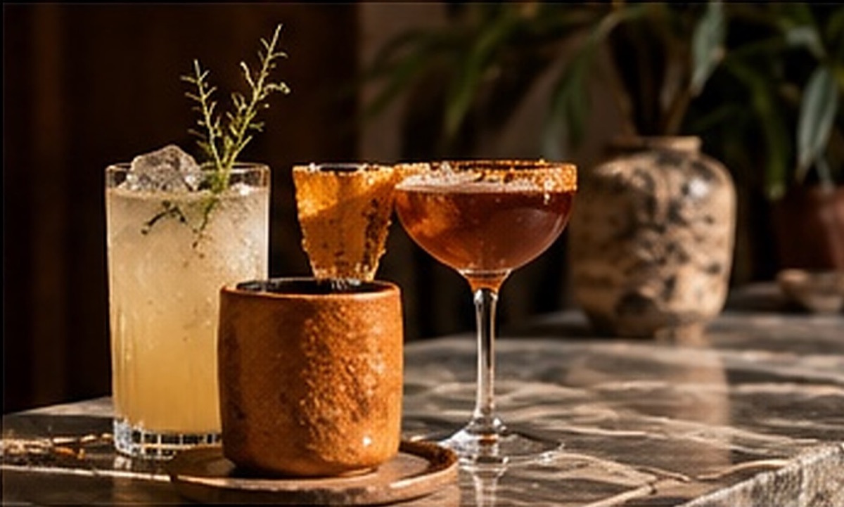 Trois cocktails signature sur un comptoir en marbre, dont un servi dans un gobelet en terre cuite