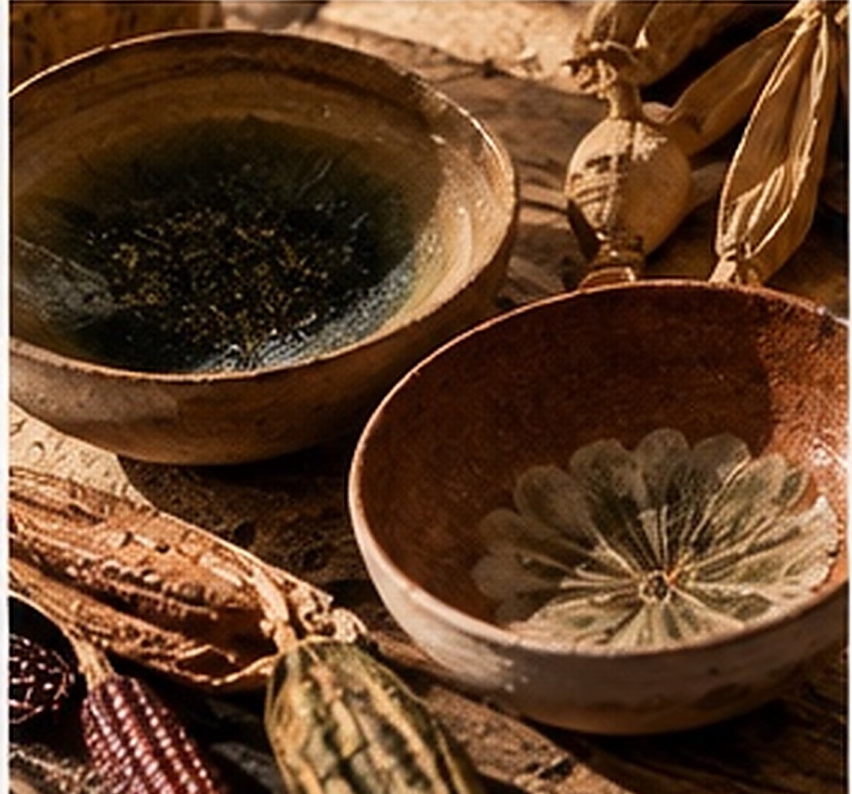 Bols en céramique et cabosses de cacao sur une table en bois